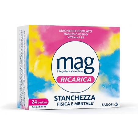 Confezione da 24 bustine di Mag Ricarica Integratore di Magnesio Confezione da 24 bustine di Mag Ricarica Integratore di Magnesio
