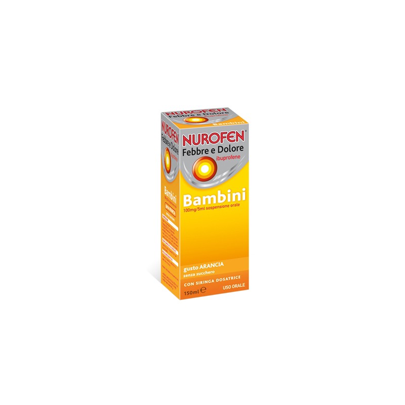 Flacone da 150 ML con Siringa Dosatrice  di Nurofen Febbre e Dolore gusto Arancia senza zucchero della Reckitt Benckiser