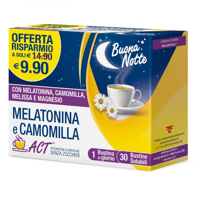confezione 30 bustine melatonina e camomilla act