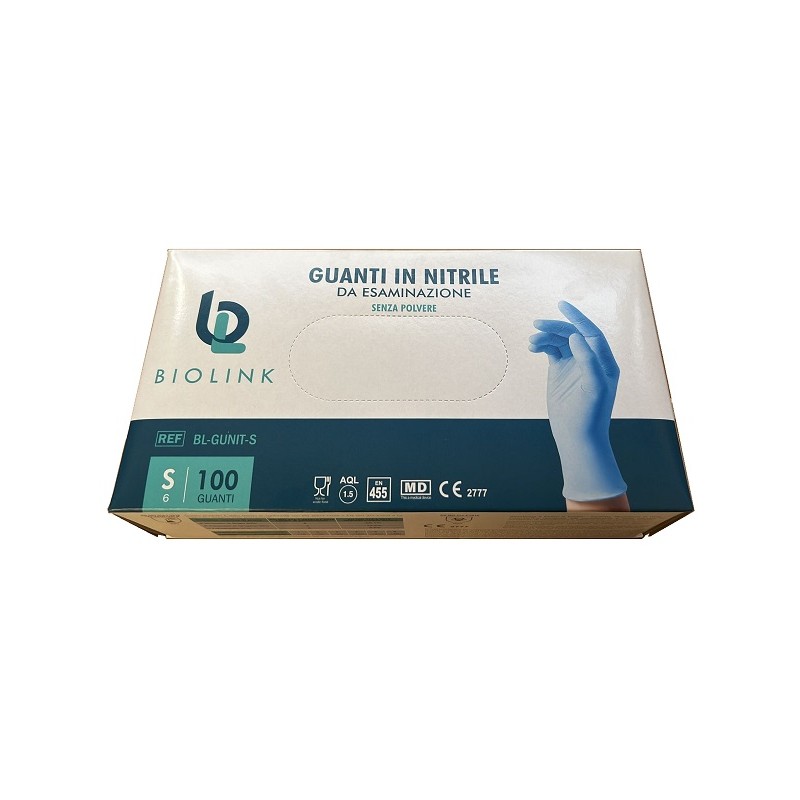 Biolink Guanto Monouso Bl-gunit In Nitrile Blu Non Sterile Senza Polvere Con Bordo Ambidestro Misura Small 100 Pezzi
