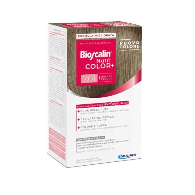 Giuliani Bioscalin Nutri Color+ 7,01 Biondo Freddo Crema Colorante 40 Ml + Rivelatore Crema 60 Ml + Shampoo 12 Ml + Balsamo 12 M