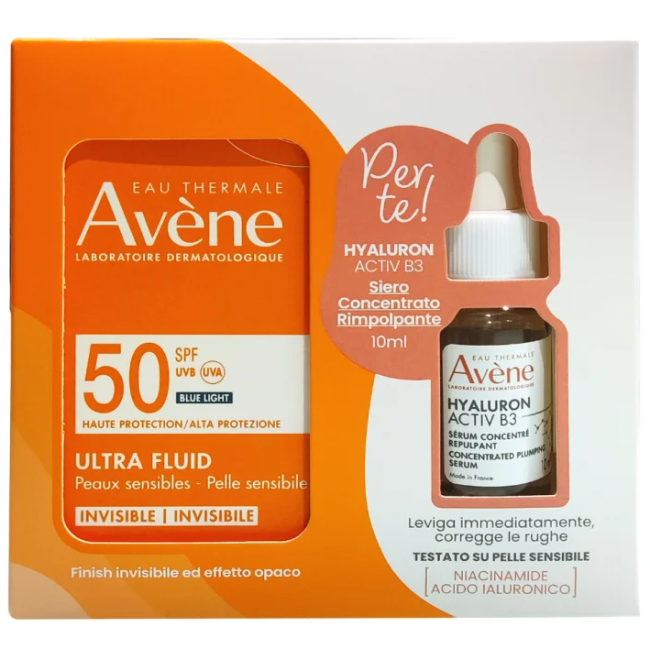 Avène Eau Thermale Avene Solare Ultra Fluid Spf50 50 Ml + Hyaluron Active B3 Siero 10 Ml
