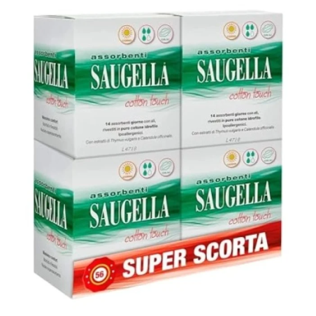 Meda Pharma Saugella Cotton Touch Assorbenti Esterni Giorno Azione Antiodore Con Ali In Cotone Ipoallergenici 14 Pezzi X 4