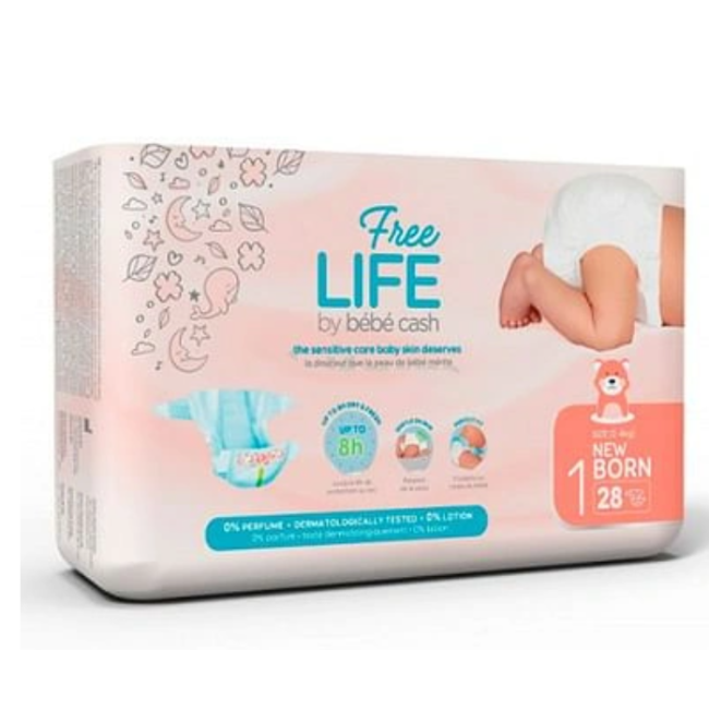 Ontex Freelife By Bebecash New Born Taglia 1 2-4 Kg Girovita 30-41 Cm 28 Pezzi