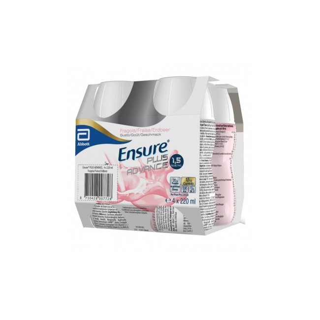 4 Bottiglie da 220ml di Abbott Ensure Plus Advance Gusto Fragola