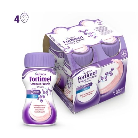 confezione da 4 bottiglie gusto fragola di Fortimel Compact Protein della Danone confezione da 4 bottiglie gusto fragola di Fortimel Compact Protein della Danone