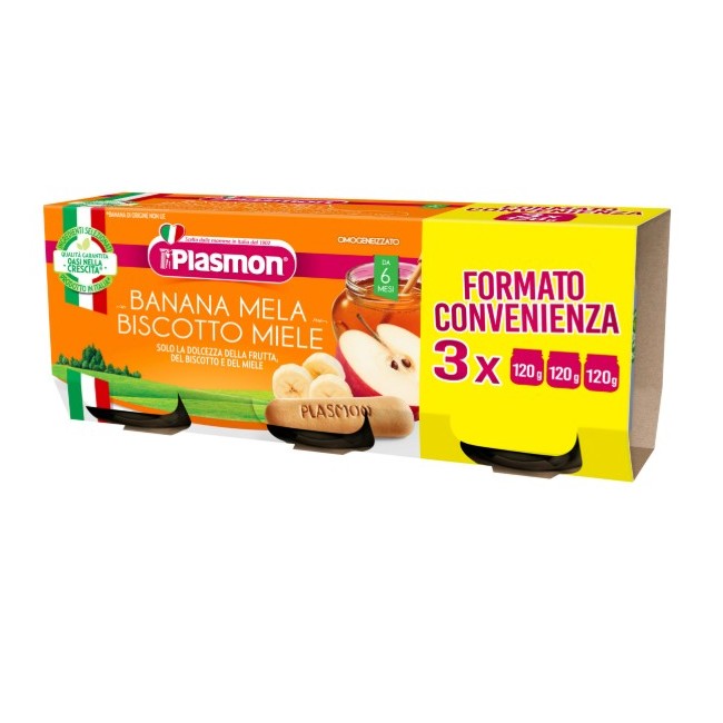 Plasmon Omogeneizzato Banana/mela/biscotti/miele 120 G X 3 Pezzi