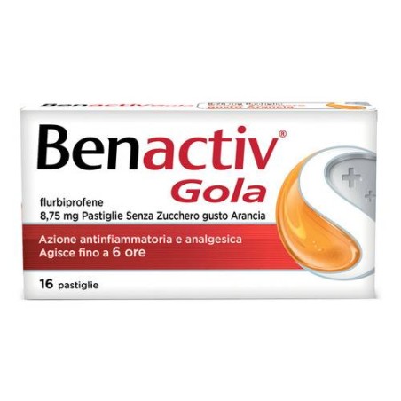 Blister da 16 pastiglie di Benactiv Gola gusto arancia senza zucchero della Reckitt Benckiser