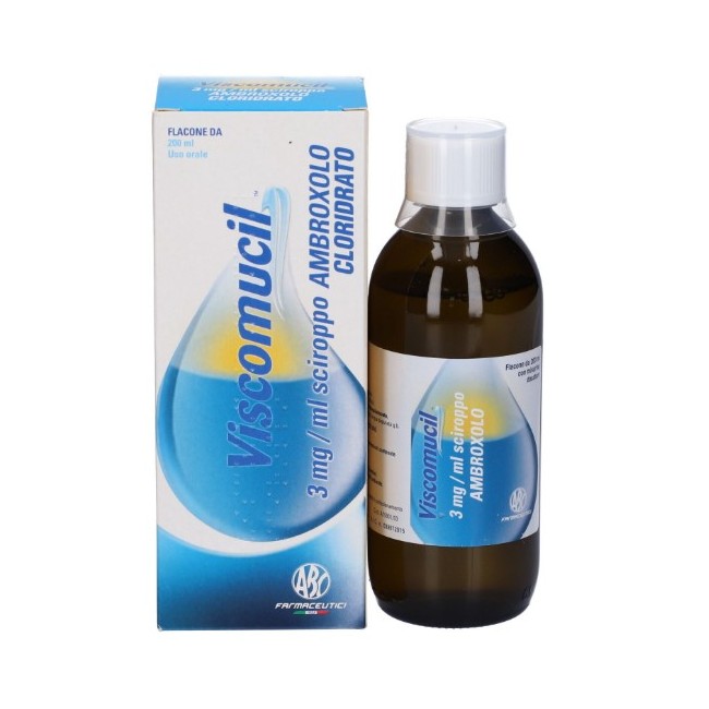flacone da 200 ml di sciroppo, in genere con misurino o bicchierino dosatore di Viscomucil