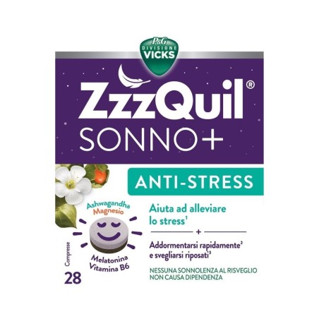 Confezione da 28 compresse.
Peso netto: 21,8 g di Procter & Gamble Vicks Zzzquil Sonno+ Antistress