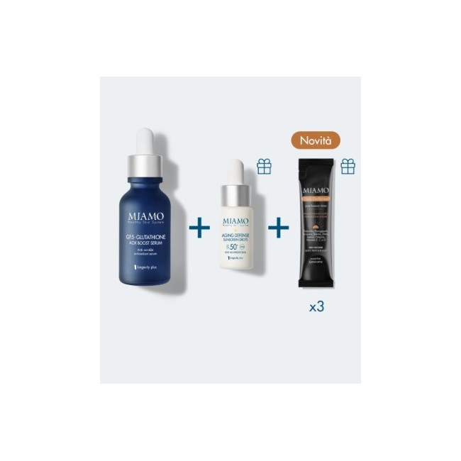 Miamo Cofanetto Aox Boost&protect Gf-5 Glutathione 30 Ml + Mini Agining Defense Sunscreen Drops50+ 10 Ml + Skin Defense