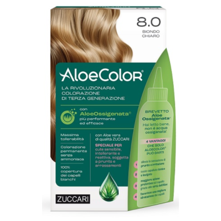Zuccari Aloecolor 8,0 Biondo Chiaro Tinta Permanente Capelli Colore Ad Alta Pigmentazione 50 Ml + Rivelatore Aloeossigenata 75 M