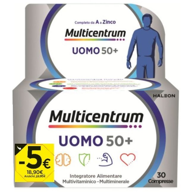 Confezione promozionale 2026 da 30 compresse di Haleon Multicentrum Uomo 50+