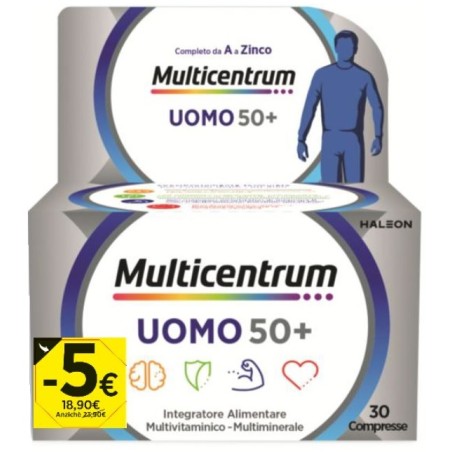 Confezione promozionale 2026 da 30 compresse di Haleon Multicentrum Uomo 50+