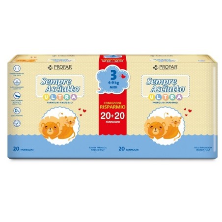 Federfarma. Co Pannolini Profar Sempre Asciutto Ultra Midi 4/9 Kg Bipacco 20+20 Pezzi