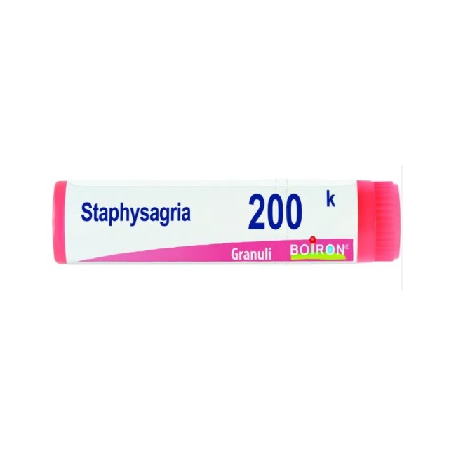 Contenitore multidose da 4g, circa 80 granuli. Tappo dosatore integrato. Scala korsakoviana 200K Boiron Staphysagria