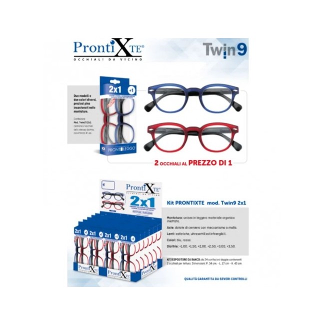 Industrie Ottiche Italiane Occhiale Premontato Da Lettura In Confezione Doppia Prontixte Twin 9 Blu Rosso +2,00 Diottrie