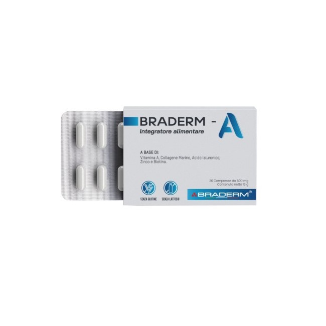Braderm A 30 Compresse 500mg - Integratore per la pelle senza glutine e senza lattosio Braderm A 30 Compresse 500mg - Integratore per la pelle senza glutine e senza lattosio