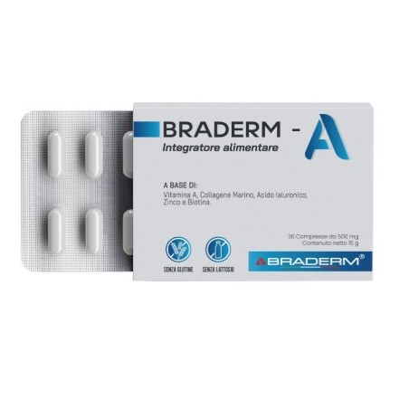 Braderm A 30 Compresse 500mg - Integratore per la pelle senza glutine e senza lattosio Braderm A 30 Compresse 500mg - Integratore per la pelle senza glutine e senza lattosio