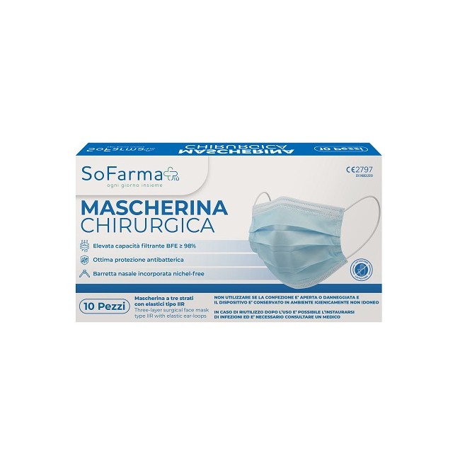 Mascherine chirurgiche blu So Farma Morra protezione elevata confezione da 10 pezzi monouso