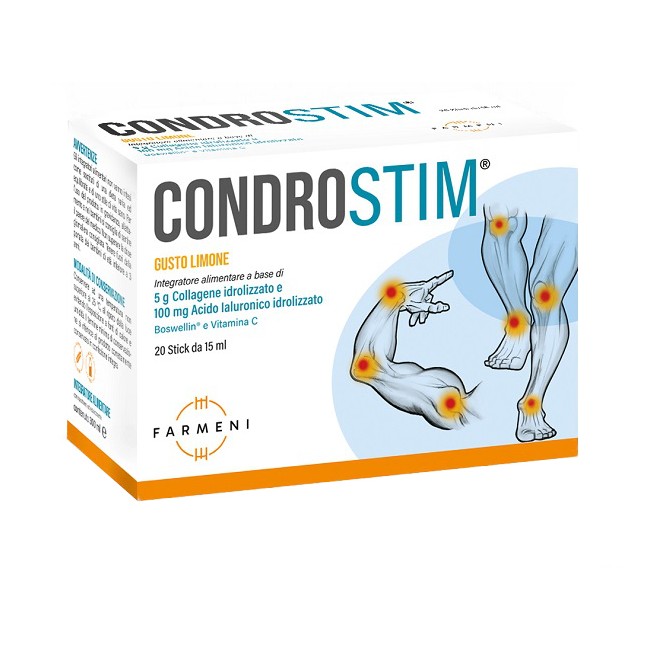 Condrostim 20 stick da 15ml per il benessere articolare, gusto limone senza glutine e lattosio Condrostim 20 stick da 15ml per il benessere articolare, gusto limone senza glutine e lattosio