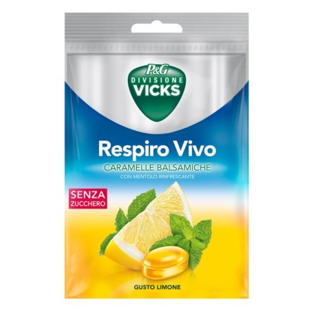 Vicks Respiro Vivo Caramelle Balsamiche al Limone 72g con edulcoranti per il benessere della gola Vicks Respiro Vivo Caramelle Balsamiche al Limone 72g con edulcoranti per il benessere della gola