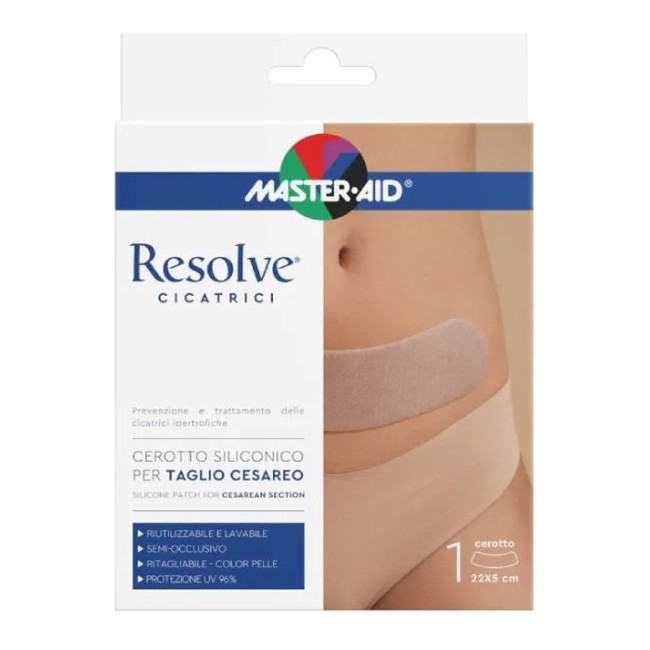 Cerotto siliconico Master-aid Resolve per cicatrici da taglio cesareo 22x5cm Cerotto siliconico Master-aid Resolve per cicatrici da taglio cesareo 22x5cm