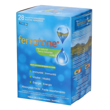 Ferrotone Apple integratore di ferro naturale in 28 sacchetti monodose da 25 ml con vitamina C Ferrotone Apple integratore di ferro naturale in 28 sacchetti monodose da 25 ml con vitamina C