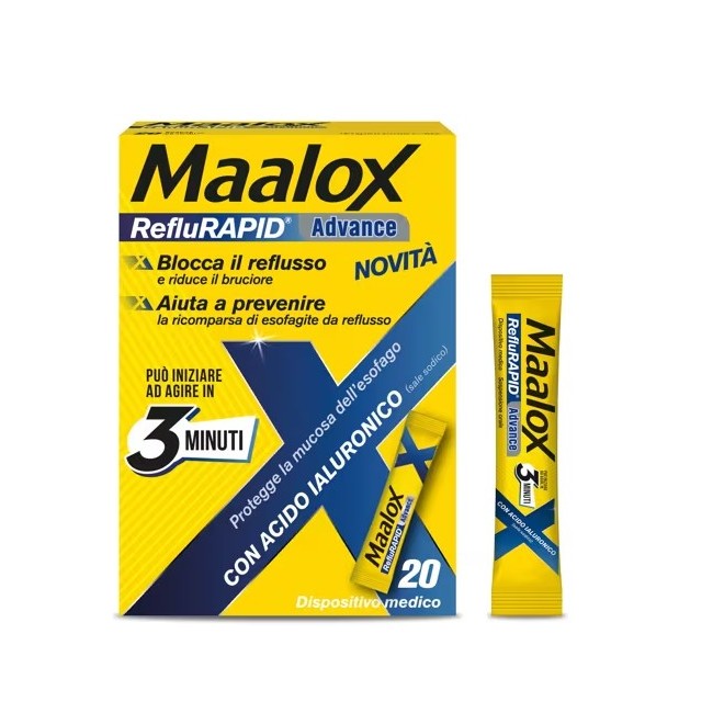Maalox Reflurapid Advance 20 bustine contro reflusso gastrico senza glutine e lattosio