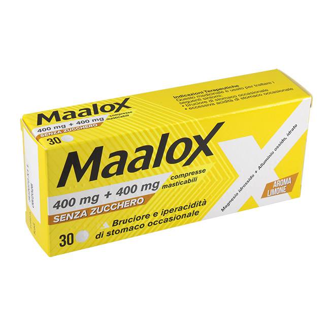Gmm Farma Maalox 400 Mg + 400 Mg Compresse Masticabili Senza Zucchero Magnesio Idrossido + Alluminio Ossido, Idrato