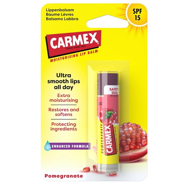 Balsamo labbra Carmex al melograno con SPF15 per labbra morbide e protette